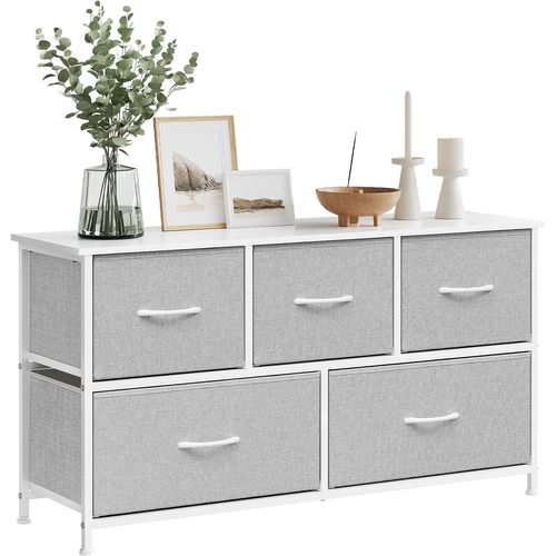 Commode, Meuble De Rangement, 5 Tiroirs En Tissu, En Bois D'ingénierie, Gris Tourterelle+Blanc Nuage