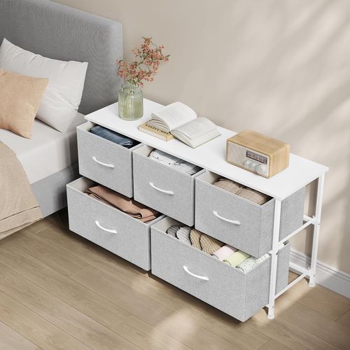Commode, Meuble De Rangement, 5 Tiroirs En Tissu, En Bois D'ingénierie, Gris Tourterelle+Blanc Nuage