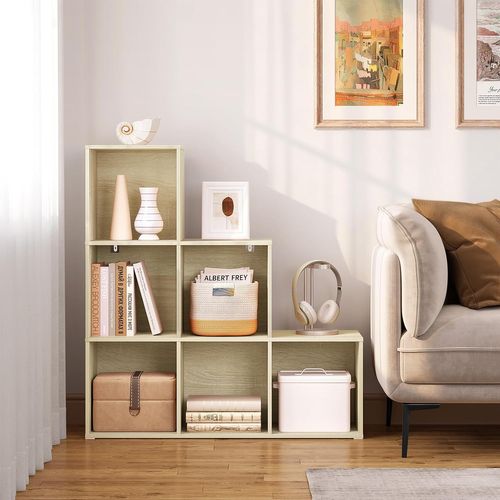 Bibliothèque Avec 6 Cubes, Étagère D'escalier, En Bois D'ingénierie, 90x30x90cm, Chêne Clair