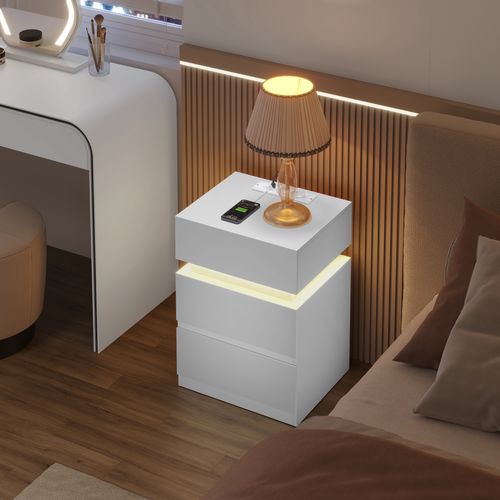 Lot De 2 Table De Chevet Avec Station De Charge, LED, 2 Prises, 2 Ports USB, 1 Casier, Blanc