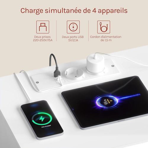 Lot De 2 Table De Chevet Avec Station De Charge, LED, 2 Prises, 2 Ports USB, 1 Casier, Blanc