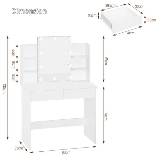 Coiffeuse Avec Miroir LED, Prises De Courant, Table De Maquillage, 90x135x40cm, Blanc