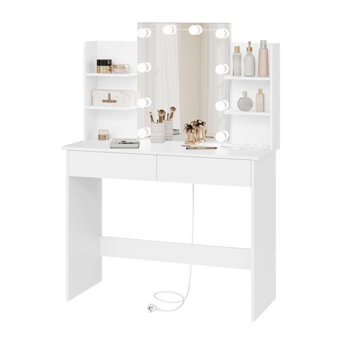 Coiffeuse Avec Miroir LED, Prises De Courant, Table De Maquillage, 90x135x40cm, Blanc