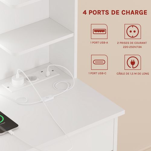 Coiffeuse Avec Miroir LED, Prises De Courant, Table De Maquillage, 90x135x40cm, Blanc