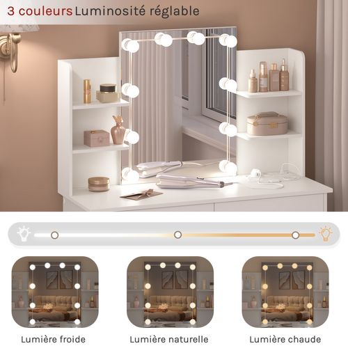 Coiffeuse Avec Miroir LED, Prises De Courant, Table De Maquillage, 90x135x40cm, Blanc