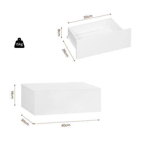 Lot De 2 Table De Chevet Suspendue Avec Tiroir, 40x30x14cm, Table De Nuit Flottante, En Bois, Blanc