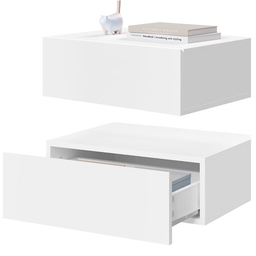 Lot De 2 Table De Chevet Suspendue Avec Tiroir, 40x30x14cm, Table De Nuit Flottante, En Bois, Blanc