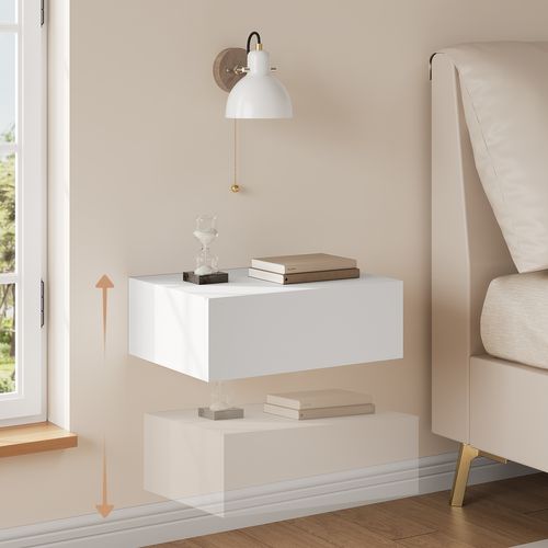 Lot De 2 Table De Chevet Suspendue Avec Tiroir, 40x30x14cm, Table De Nuit Flottante, En Bois, Blanc