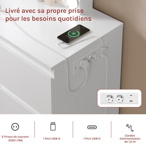 Coiffeuse Avec Miroir LED, Luminosité Réglable, Avec Multiprise, 110x39,5x140,5cm, Blanc