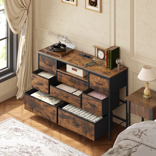 Commode à 8 Tiroirs En Tissu, Meuble TV Avec Lumière LED, Station De Recharge, Brun Rustique Et Noir