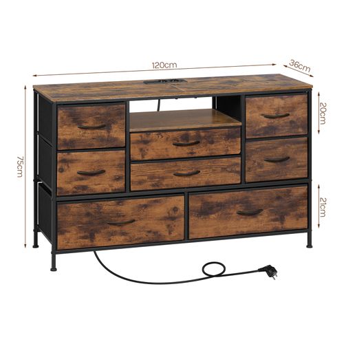 Commode à 8 Tiroirs En Tissu, Meuble TV Avec Lumière LED, Station De Recharge, Brun Rustique Et Noir