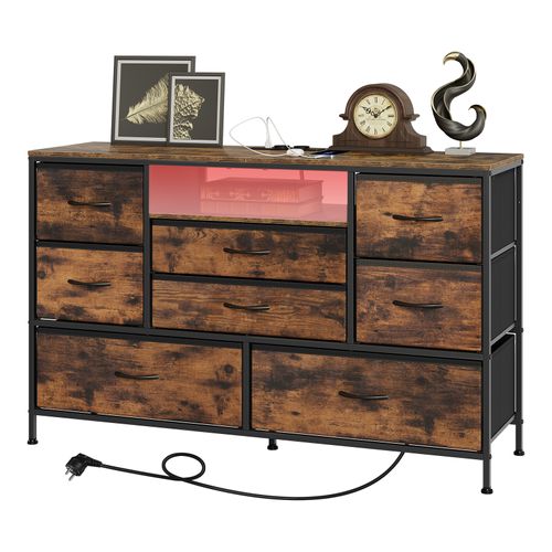 Commode à 8 Tiroirs En Tissu, Meuble TV Avec Lumière LED, Station De Recharge, Brun Rustique Et Noir