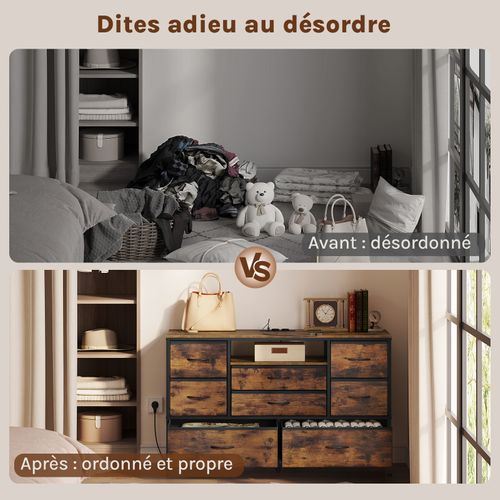 Commode à 8 Tiroirs En Tissu, Meuble TV Avec Lumière LED, Station De Recharge, Brun Rustique Et Noir