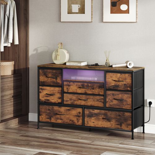 Commode à 8 Tiroirs En Tissu, Meuble TV Avec Lumière LED, Station De Recharge, Brun Rustique Et Noir