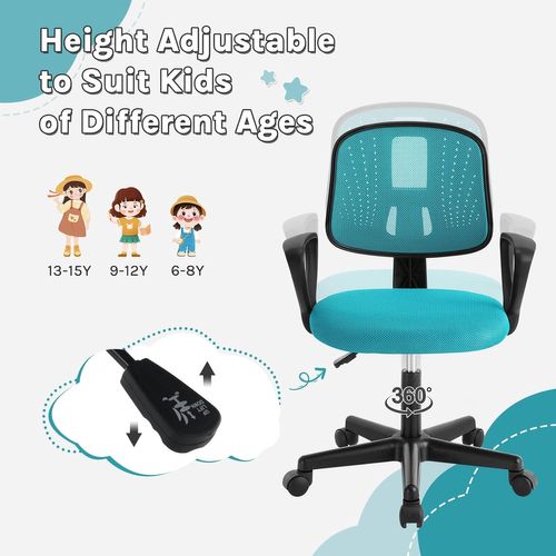 Chaise De Bureau Pour Enfants, Chaise D'ordinateur à Roulettes, Pivotante,Hauteur Réglable,Turquoise
