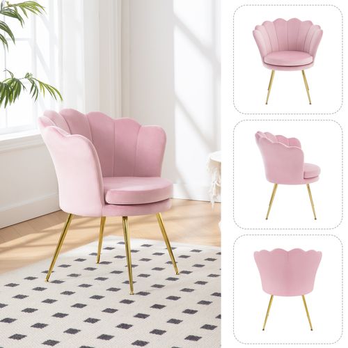 Fauteuil Salon, Dossier En Forme De Pétale, Chaise Coiffeuse En Velours, Pieds En Métal, Rose
