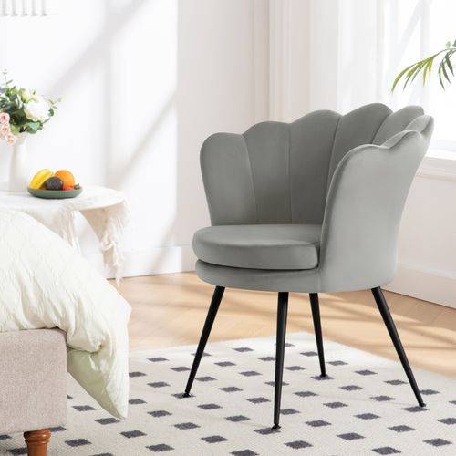 Fauteuil Salon, Dossier En Forme De Pétale, Chaise Coiffeuse En Velours, Pieds En Métal, Gris