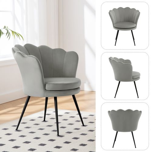 Fauteuil Salon, Dossier En Forme De Pétale, Chaise Coiffeuse En Velours, Pieds En Métal, Gris