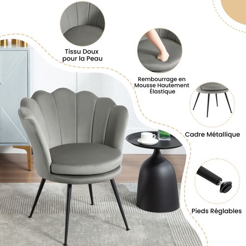 Fauteuil Salon, Dossier En Forme De Pétale, Chaise Coiffeuse En Velours, Pieds En Métal, Gris