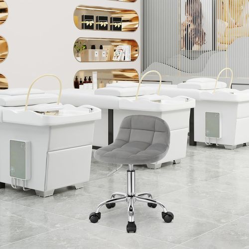 Tabouret De Bureau, Tabouret Coiffeuse En Velours, Pivotant, Hauteur Réglable, Gris Clair