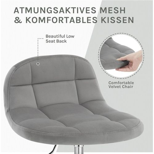 Tabouret De Bureau, Tabouret Coiffeuse En Velours, Pivotant, Hauteur Réglable, Gris Clair