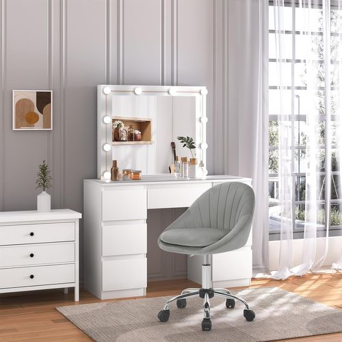 Chaise Bureau,chaise Coiffeuse Rembourré Avec Double Coussin,hauteur Réglable,en Velours,gris Clair