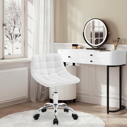 Chaise De Bureau Pivotante En Velours - Réglable En Hauteur - Sans Accoudoirs - Blanche - Pour Coiffeuse, Salon, Bureau