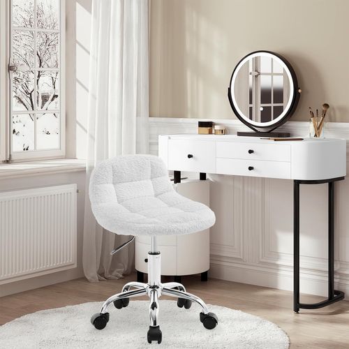 Tabouret De Bureau, Tabouret Coiffeuse En Chenille, Pivotant, Hauteur Réglable, Blanc