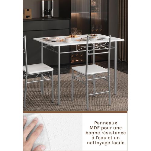 Table à Manger Avec 4 Chaises, Ensemble Table Et 4 Chaises, En Mdf Et Métal, Blanc + Argenté
