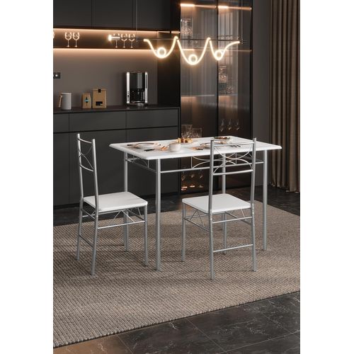 Table à Manger Avec 4 Chaises, Ensemble Table Et 4 Chaises, En Mdf Et Métal, Blanc + Argenté