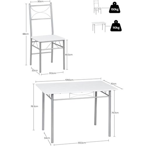Table à Manger Avec 4 Chaises, Ensemble Table Et 4 Chaises, En Mdf Et Métal, Blanc + Argenté