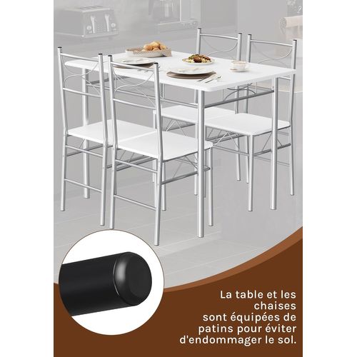 Table à Manger Avec 4 Chaises, Ensemble Table Et 4 Chaises, En Mdf Et Métal, Blanc + Argenté