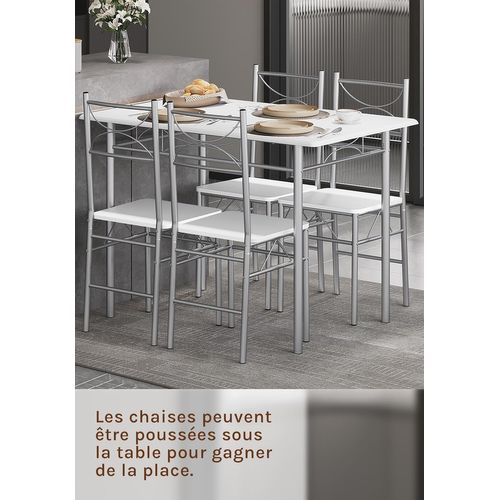 Table à Manger Avec 4 Chaises, Ensemble Table Et 4 Chaises, En Mdf Et Métal, Blanc + Argenté