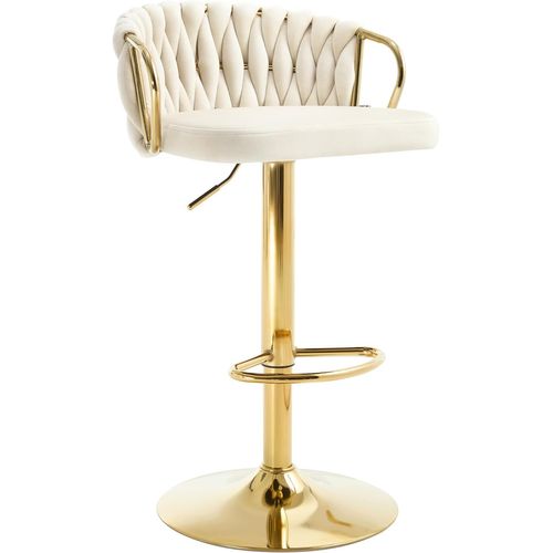 Tabouret De Bar Avec Dossier Tissé Et Repose-pieds, Pivotant, Hauteur Réglable, En Métal,Crème