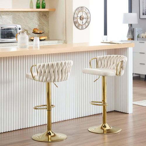 2 X Tabouret De Bar Avec Dossier Tissé Et Repose-pieds,pivotant,hauteur Réglable,en Métal,crème