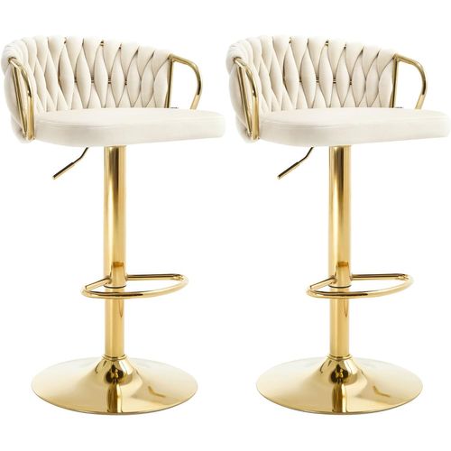 2 X Tabouret De Bar Avec Dossier Tissé Et Repose-pieds,pivotant,hauteur Réglable,en Métal,crème