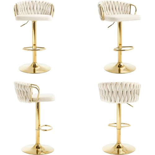 2 X Tabouret De Bar Avec Dossier Tissé Et Repose-pieds,pivotant,hauteur Réglable,en Métal,crème