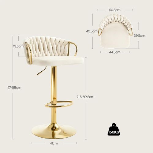 4 X Tabouret De Bar Avec Dossier Tissé Et Repose-pieds,pivotant,hauteur Réglable,en Métal,crème