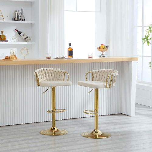 4 X Tabouret De Bar Avec Dossier Tissé Et Repose-pieds,pivotant,hauteur Réglable,en Métal,crème
