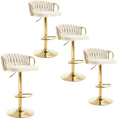4 X Tabouret De Bar Avec Dossier Tissé Et Repose-pieds,pivotant,hauteur Réglable,en Métal,crème