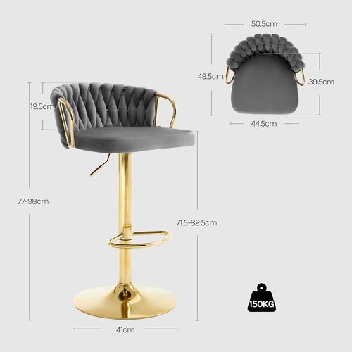 Tabouret De Bar Avec Dossier Tissé Et Repose-pieds, Pivotant, Hauteur Réglable, En Métal,gris Foncé