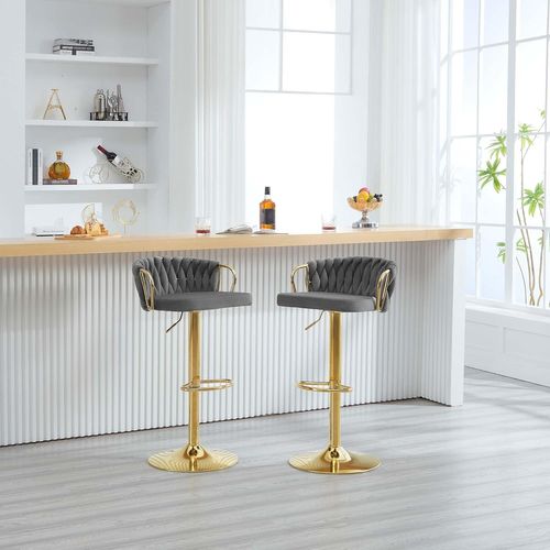 Tabouret De Bar Avec Dossier Tissé Et Repose-pieds, Pivotant, Hauteur Réglable, En Métal,gris Foncé