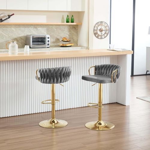 Tabouret De Bar Avec Dossier Tissé Et Repose-pieds, Pivotant, Hauteur Réglable, En Métal,gris Foncé