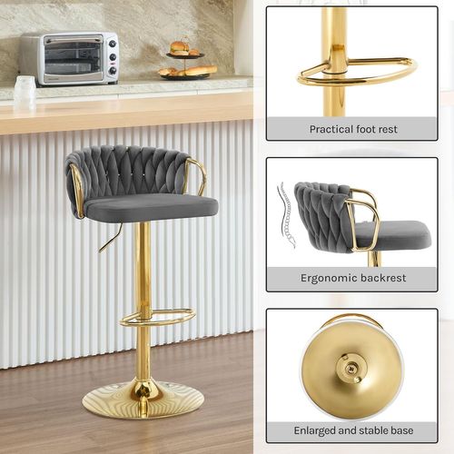 Tabouret De Bar Avec Dossier Tissé Et Repose-pieds, Pivotant, Hauteur Réglable, En Métal,gris Foncé