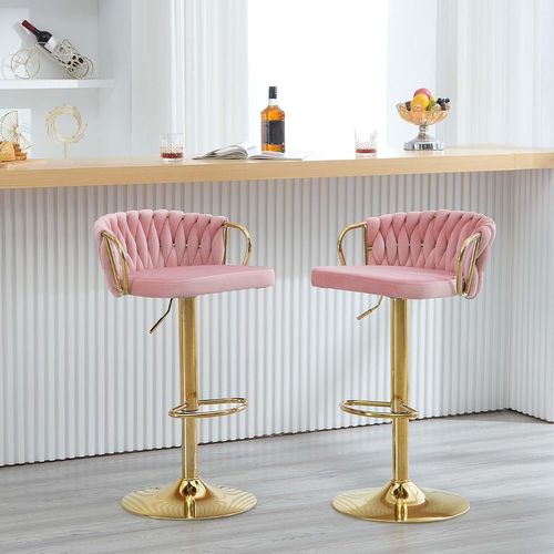 Tabouret De Bar Avec Dossier Tissé Et Repose-Pieds, Pivotant, Hauteur Réglable, En Métal, Rose