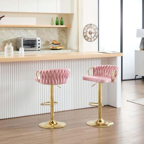 Tabouret De Bar Avec Dossier Tissé Et Repose-Pieds, Pivotant, Hauteur Réglable, En Métal, Rose
