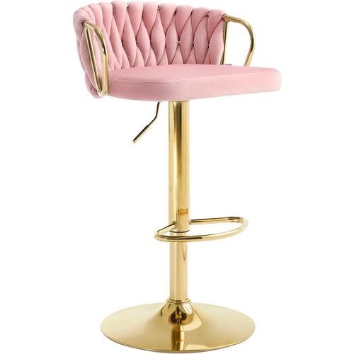 Tabouret De Bar Avec Dossier Tissé Et Repose-Pieds, Pivotant, Hauteur Réglable, En Métal, Rose