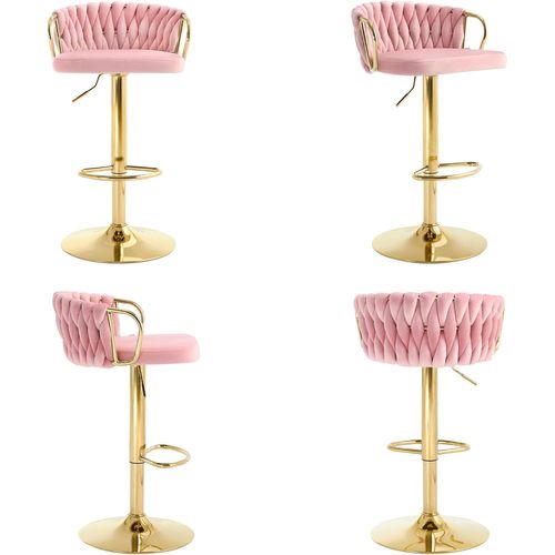 Tabouret De Bar Avec Dossier Tissé Et Repose-Pieds, Pivotant, Hauteur Réglable, En Métal, Rose