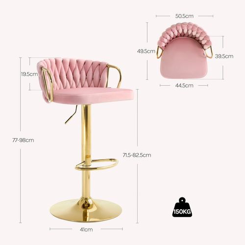 4 X Tabouret De Bar Avec Dossier Tissé Et Repose-Pieds, Pivotant, Hauteur Réglable, En Métal, Rose