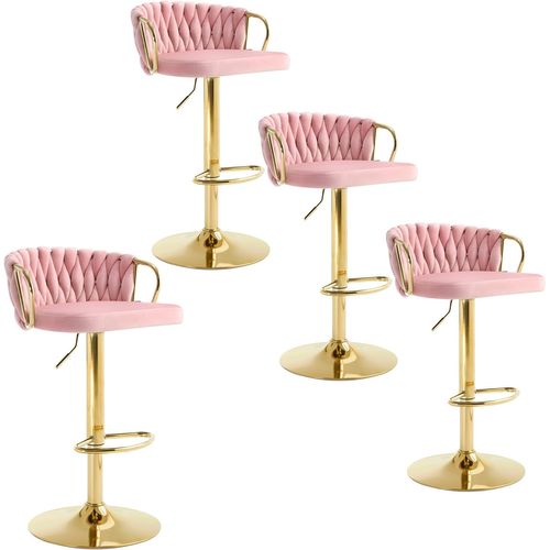 4 X Tabouret De Bar Avec Dossier Tissé Et Repose-Pieds, Pivotant, Hauteur Réglable, En Métal, Rose